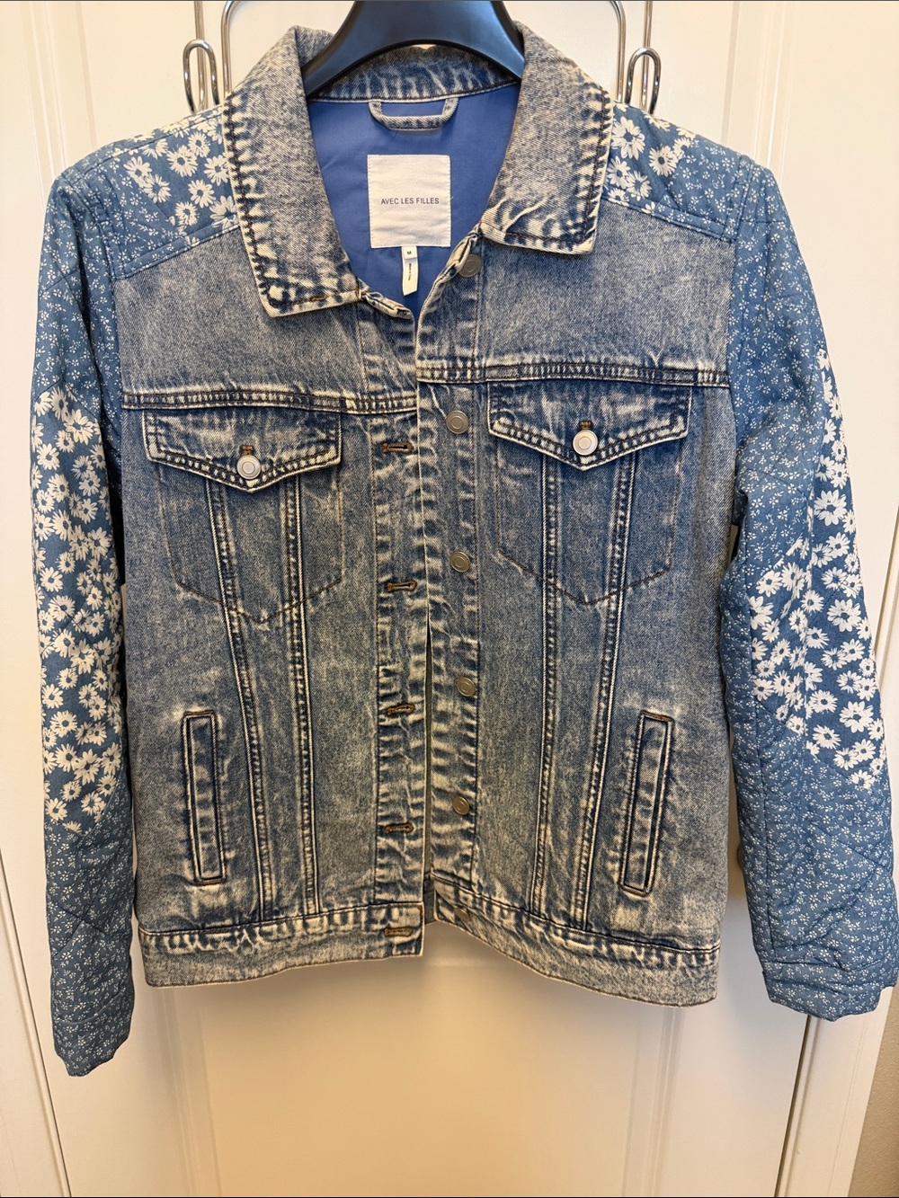 Avec Les Filles Blue Denim Jacket with Floral Sleeves
